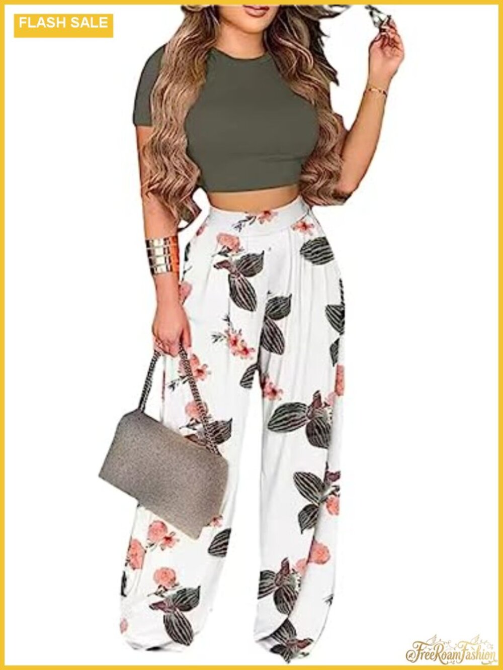Women's 2 Piece Crop Top & Wide Leg Pant Set Backless U Neck Crop Top High